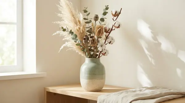 Artisanal ceramic vase with dried flowers in minimalist Scandinavian style