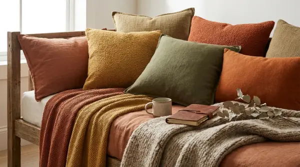 Luxury linen textiles and throw pillows in warm earth tones