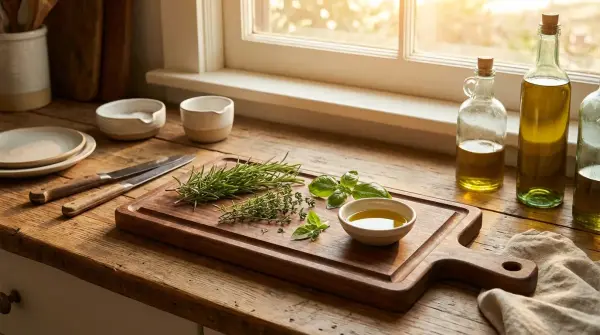Handcrafted wooden cutting board with fresh herbs and olive oil
